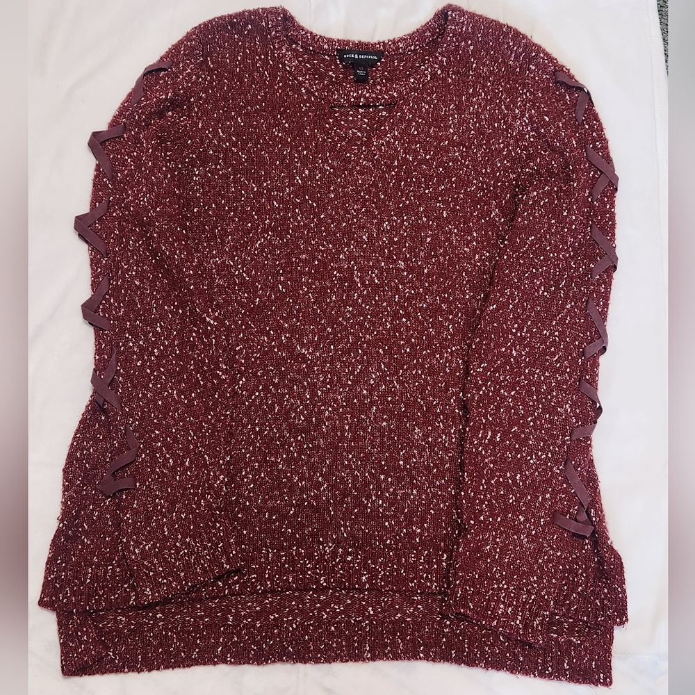 Rock & Republic Sweater Women XL Burgundy Knit Round Neck Keyhole High Low Slit